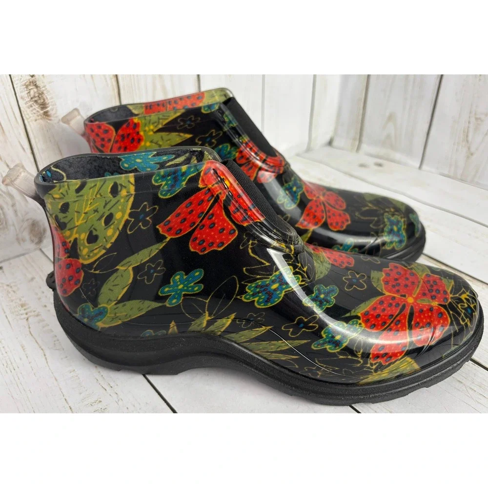 Sloggers Floral Outdoor Rain Work Garden Boots Waterproof Ankle Slip On Black 8